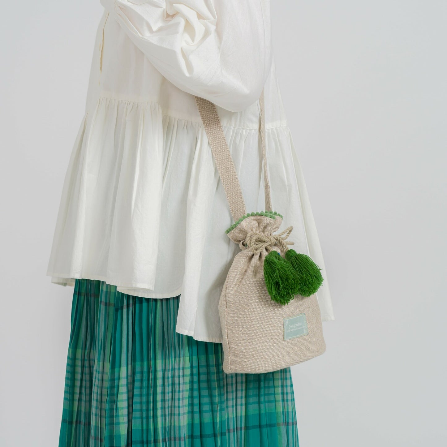 Pom Pom Lace Shoulder Drawstring Bag