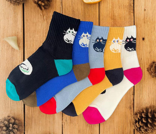 Blue Beam 貓咪圖案拼色中筒襪 (女裝)