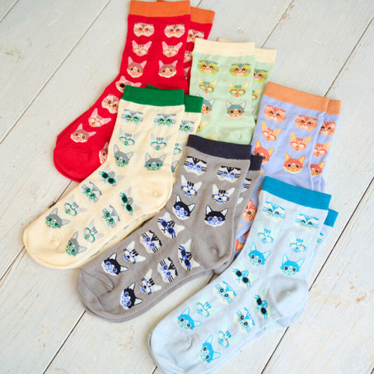 Blue Beam 眼鏡貓咪圖案中筒襪 (女裝)