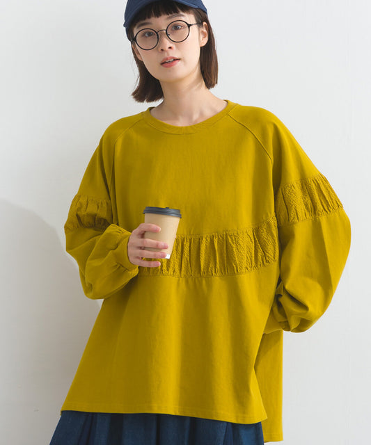 泡泡袖拼布闊身上衣