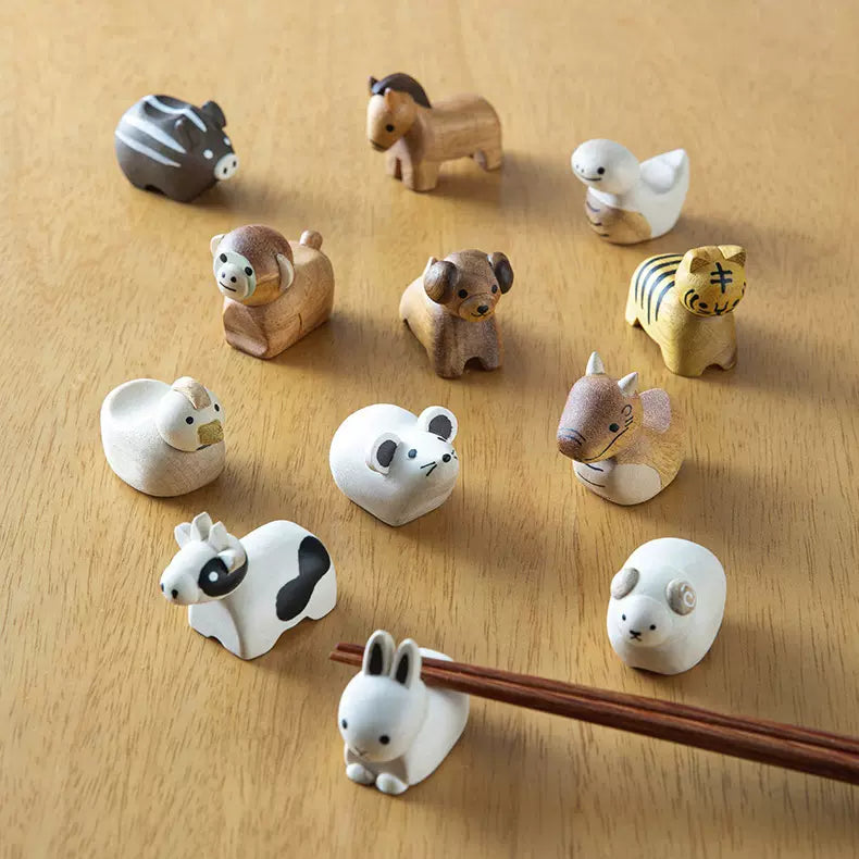 Wooden decorations in the shape of the twelve Chinese zodiac animals