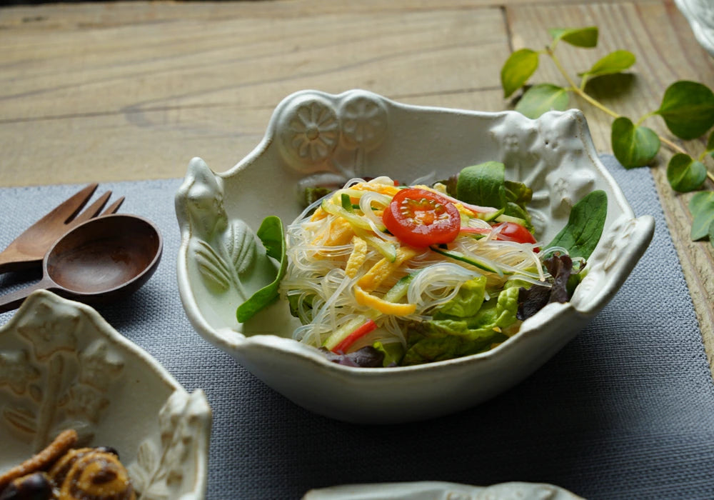 益子燒 花卉浮雕圖案主菜碗