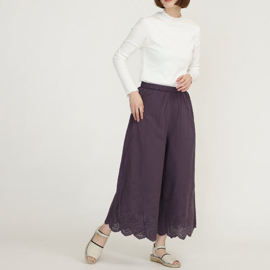 純色刺繡蕾絲花邊闊腳褲
