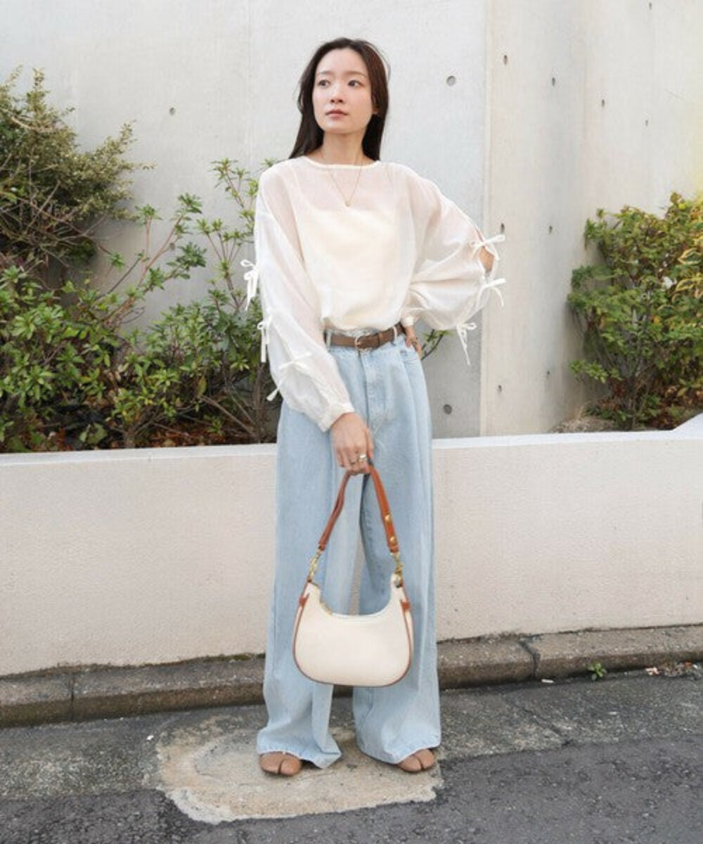 紐帶袖半透寬鬆襯衫