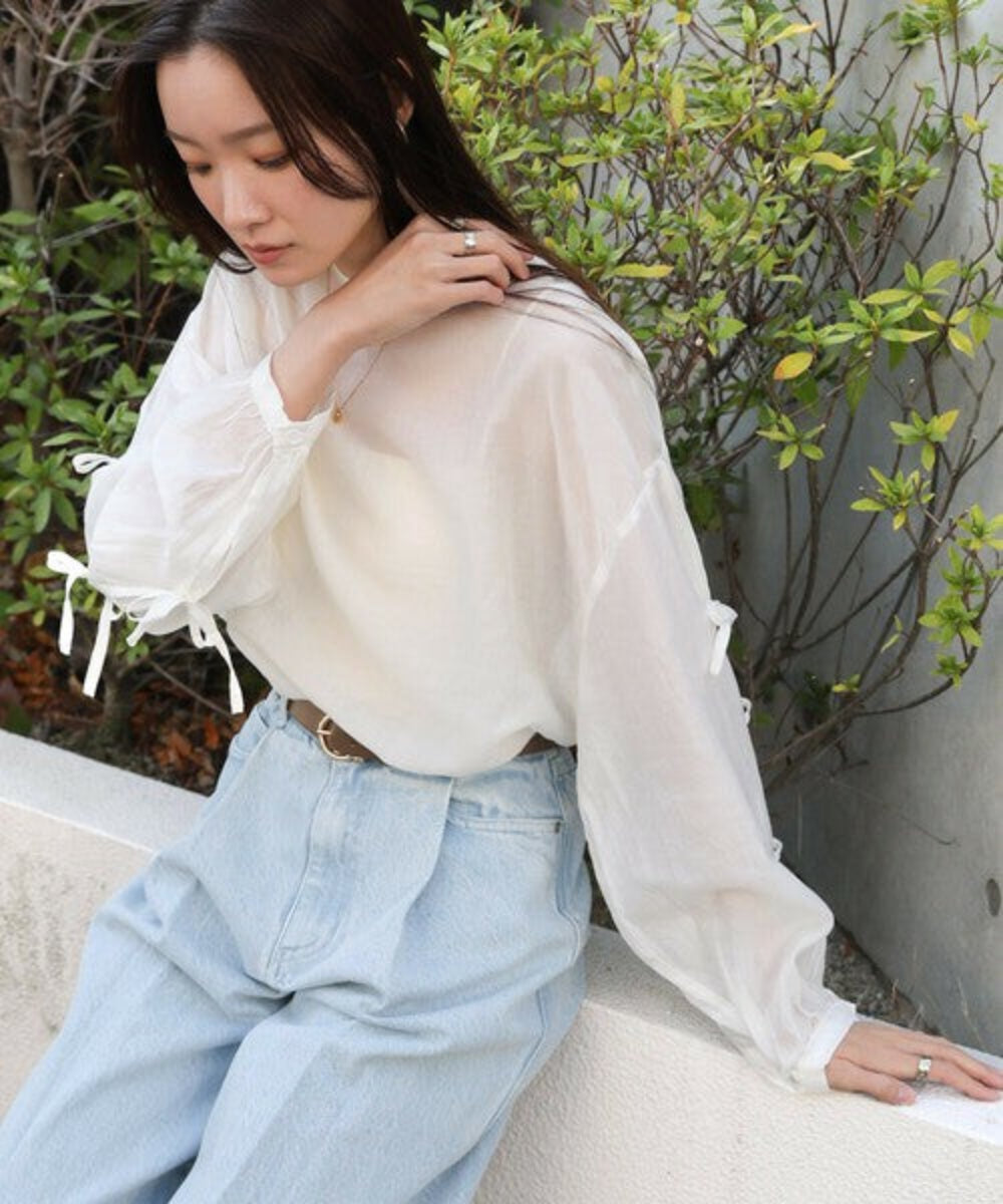紐帶袖半透寬鬆襯衫