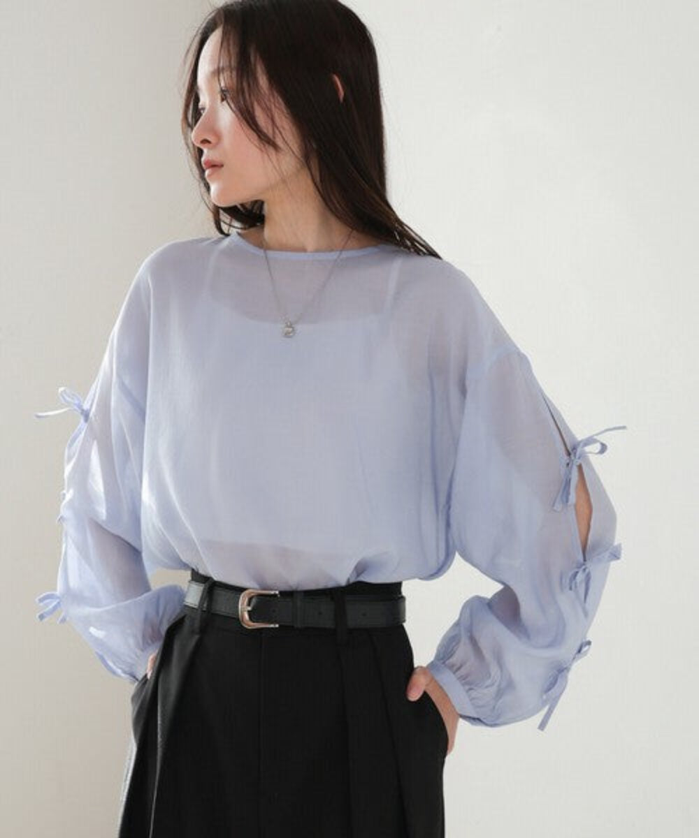 紐帶袖半透寬鬆襯衫