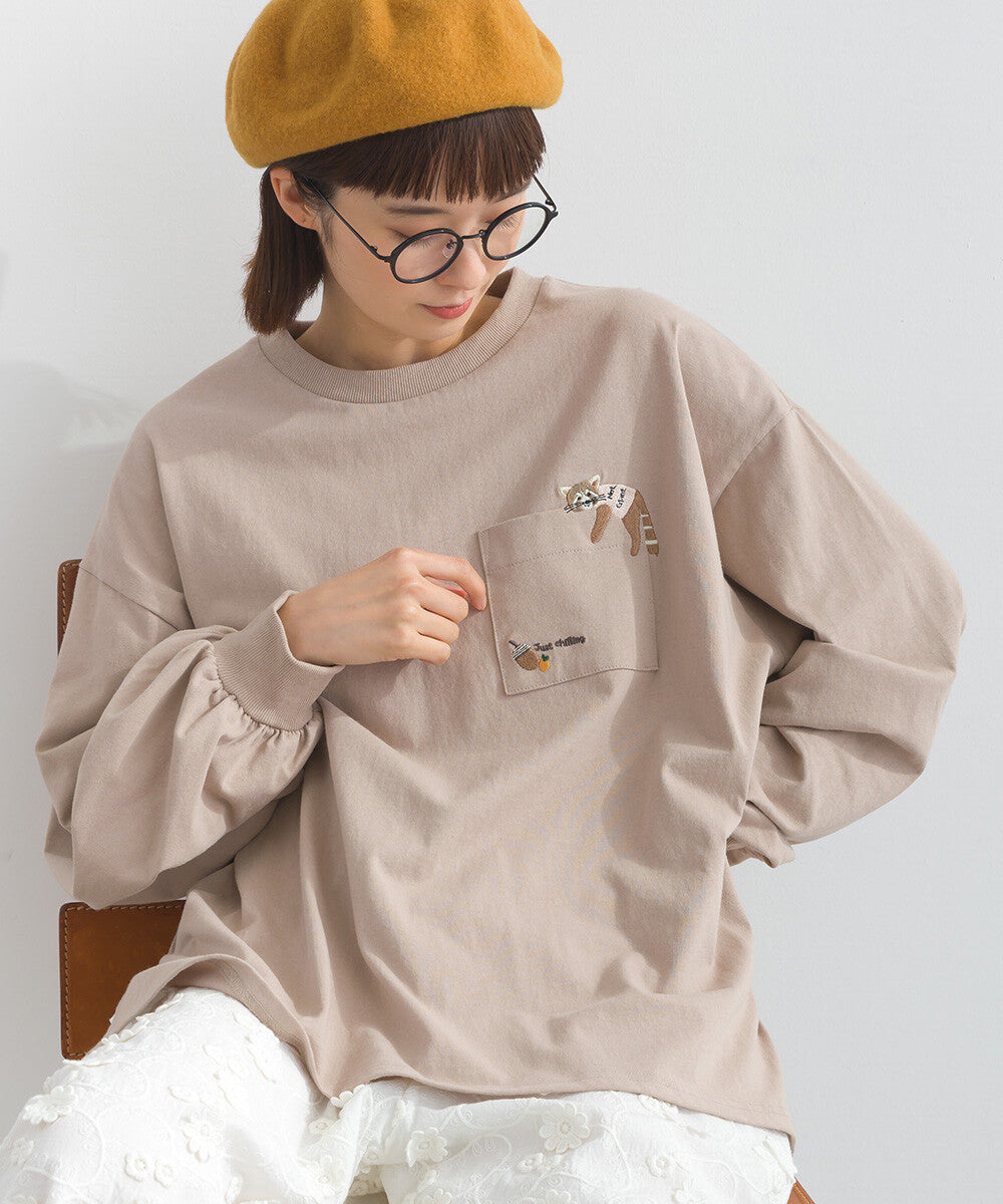 口袋動物圖案長袖 T-shirt