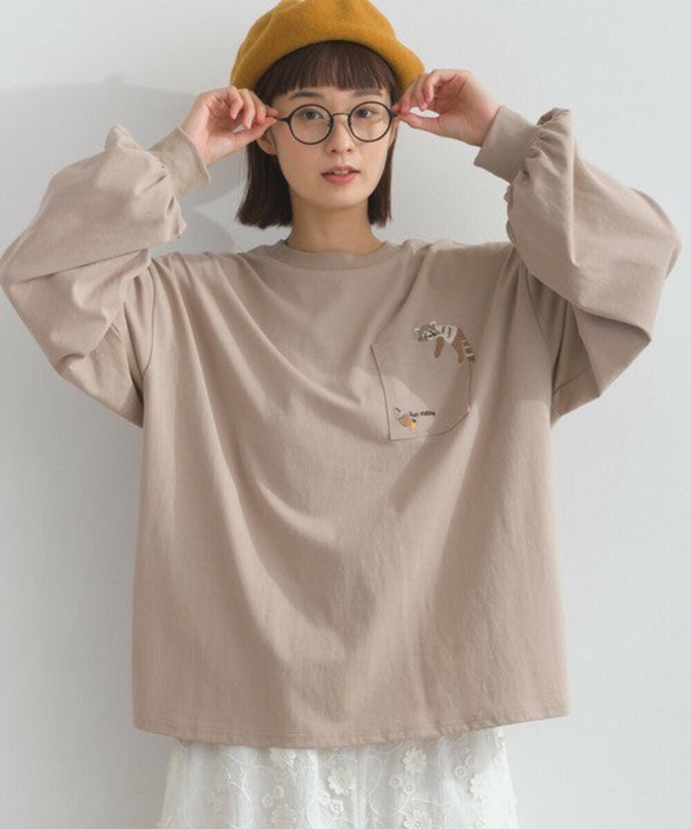 口袋動物圖案長袖 T-shirt