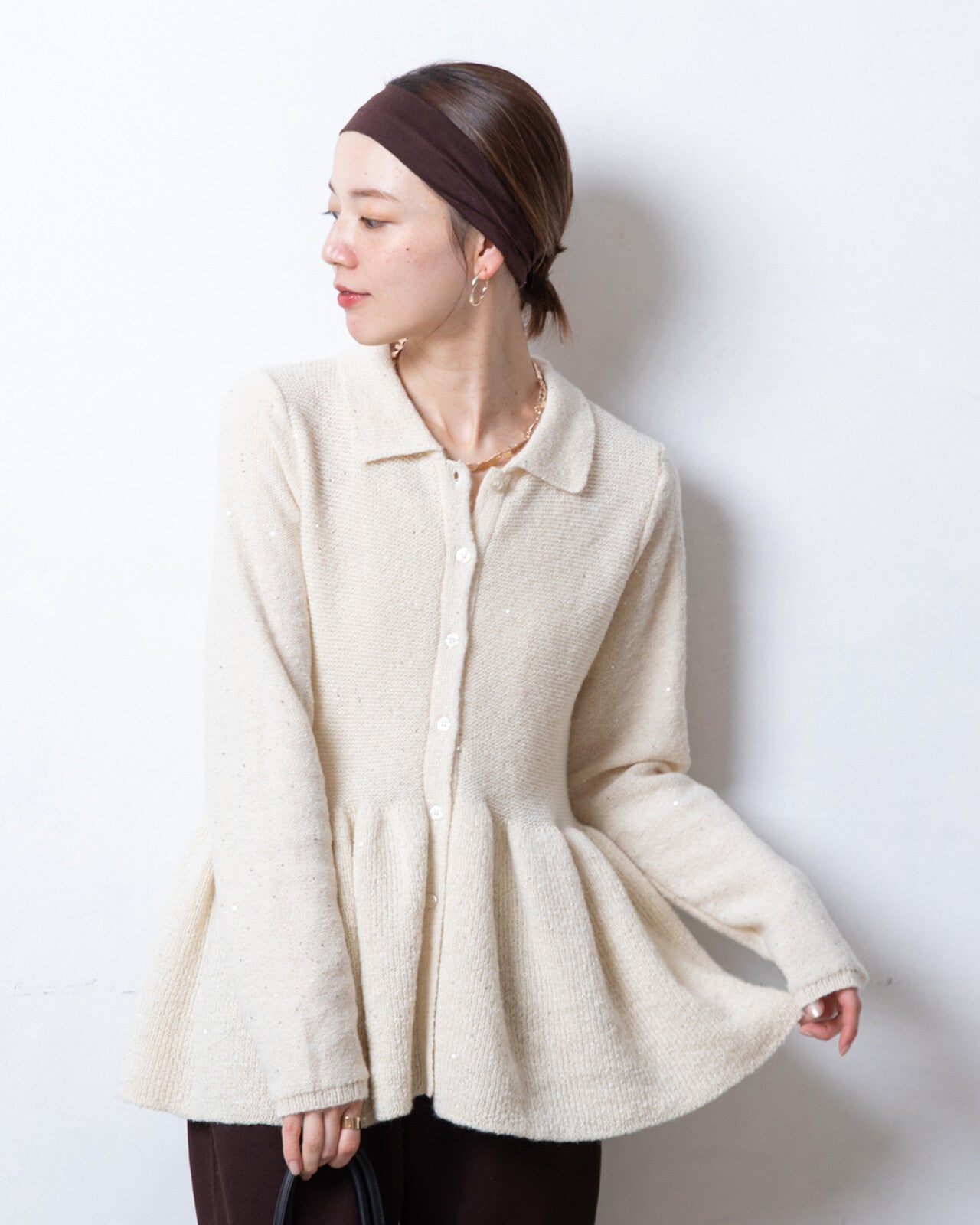 亮片混紡荷葉邊開襟衫