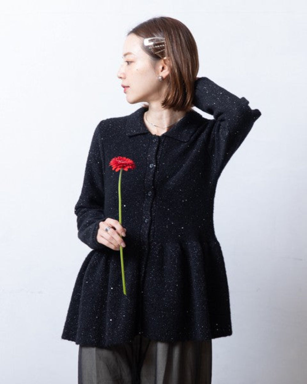 亮片混紡荷葉邊開襟衫