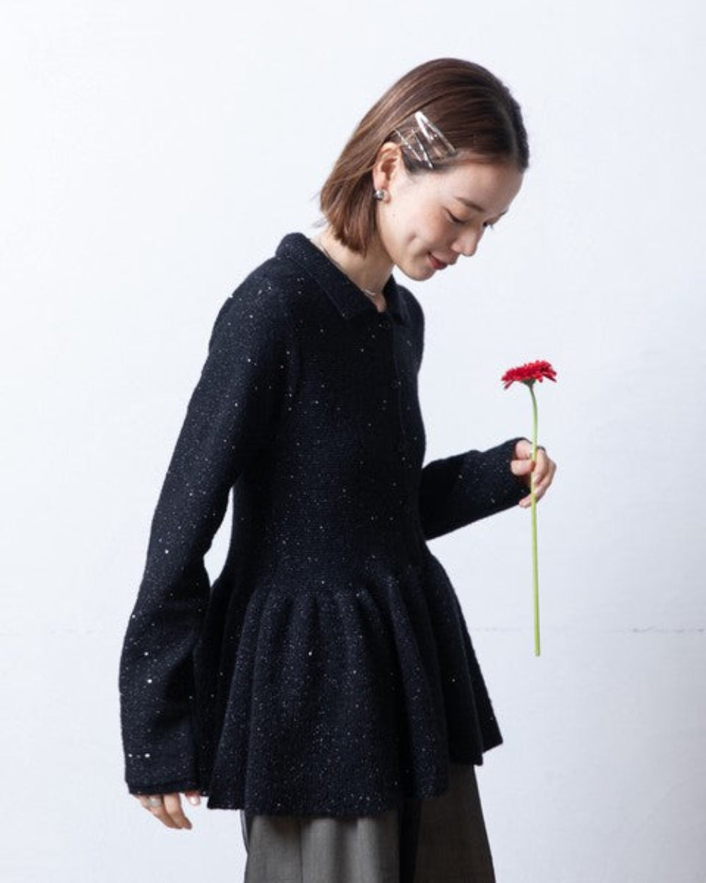 亮片混紡荷葉邊開襟衫