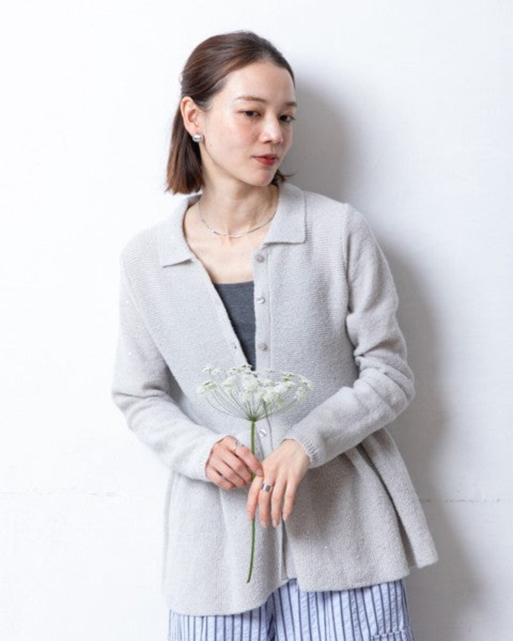 亮片混紡荷葉邊開襟衫