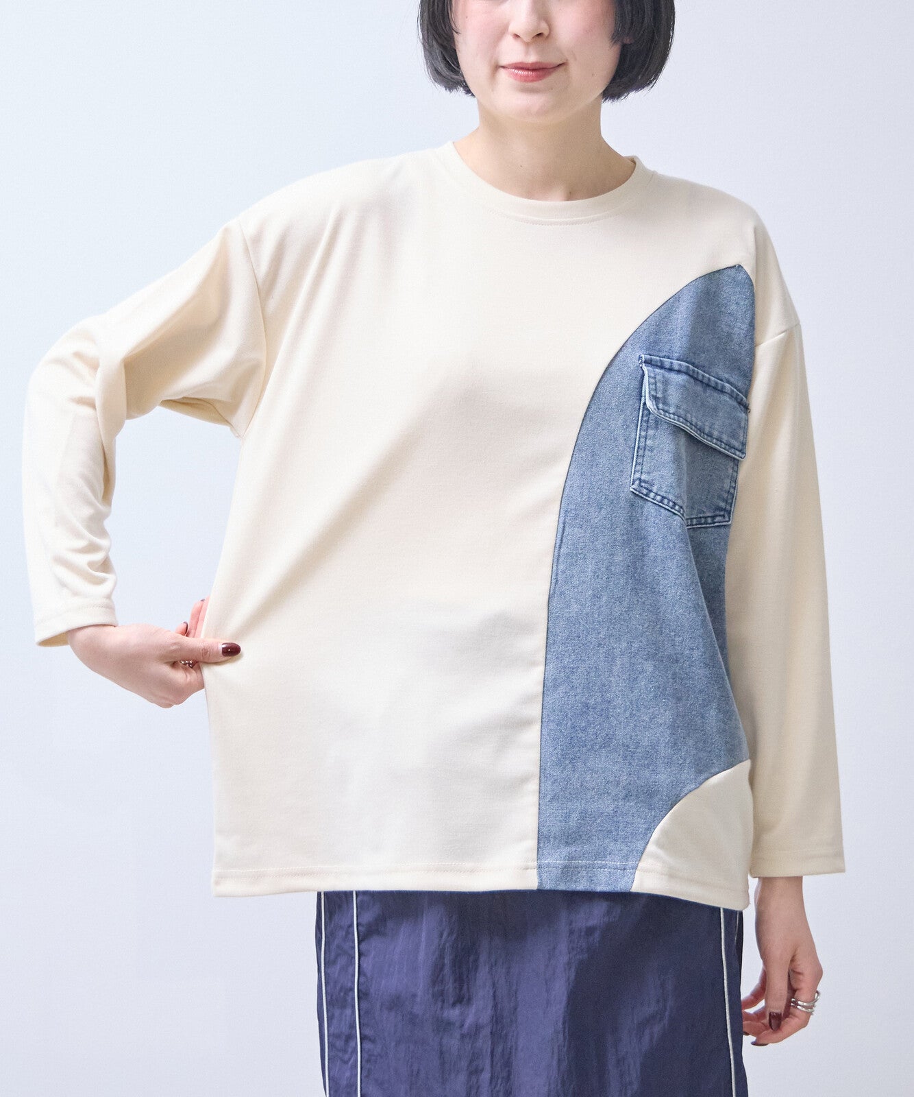 長袖牛仔拼布上衣