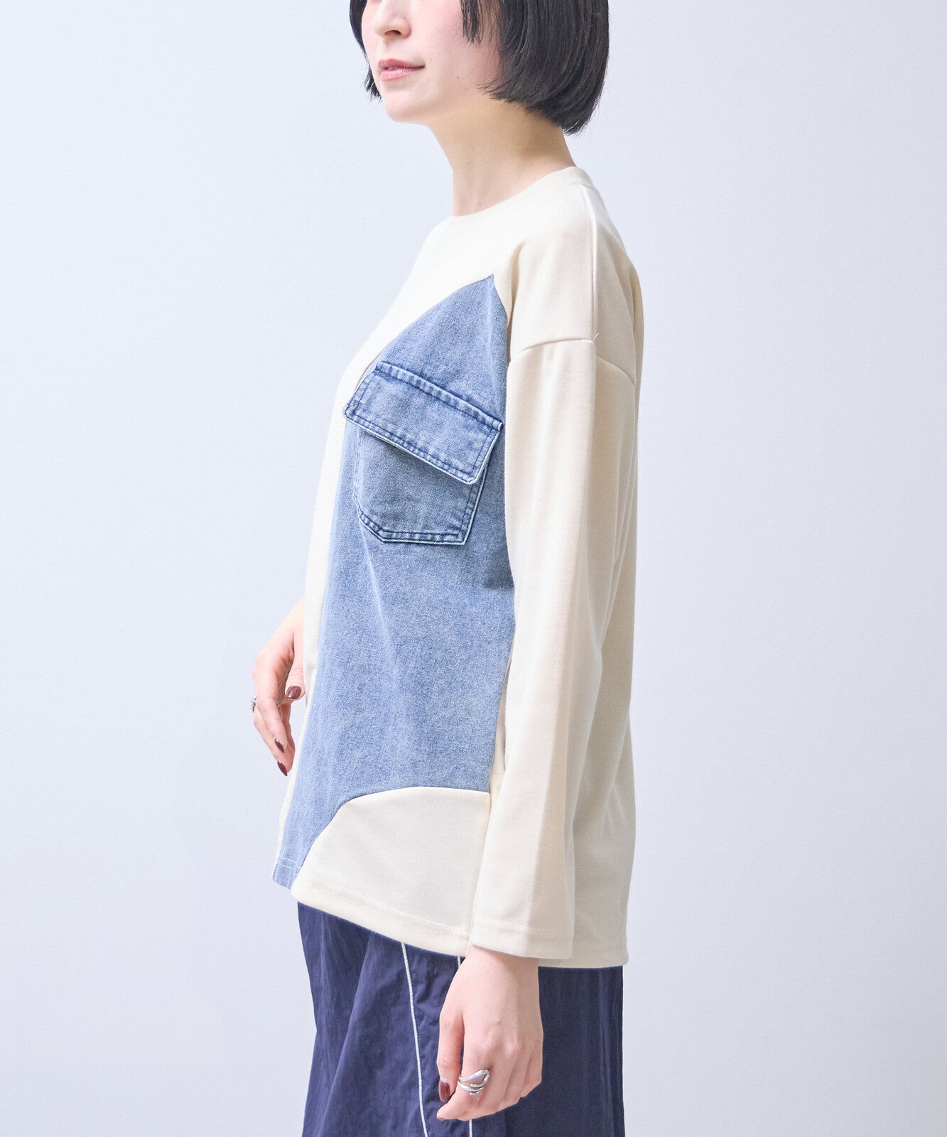 長袖牛仔拼布上衣