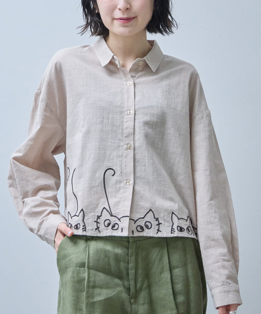 貓咪刺繡寬鬆襯衫