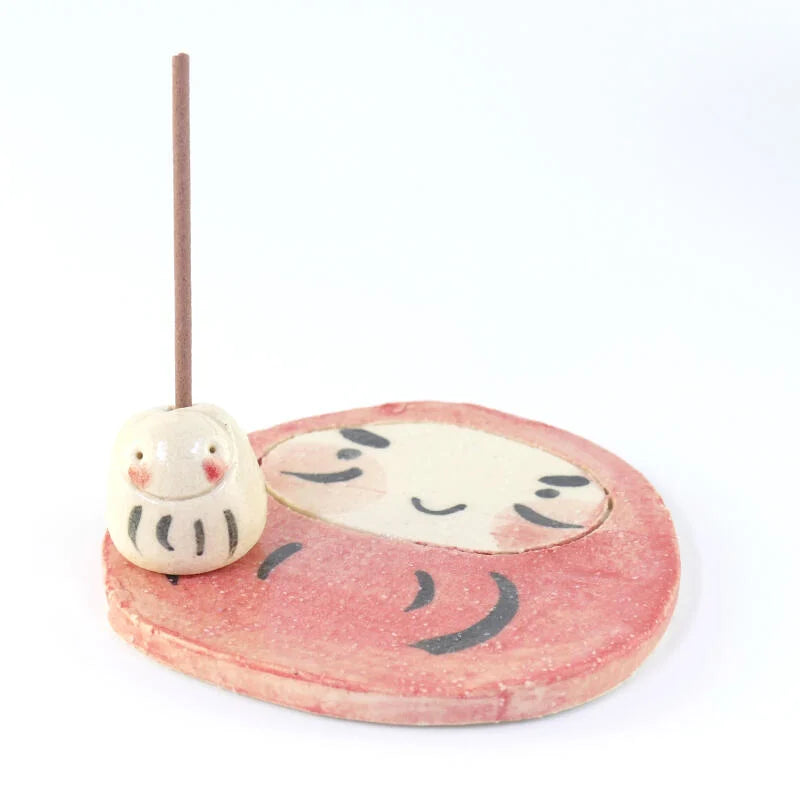 Red and white Bodhidharma ceramic incense holder