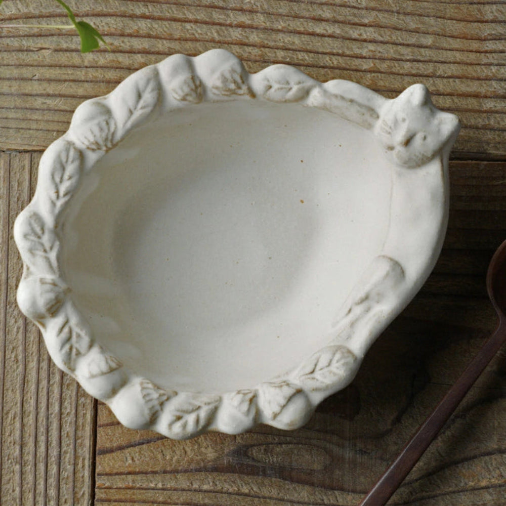 益子燒 貓咪與橡果浮雕配菜碗