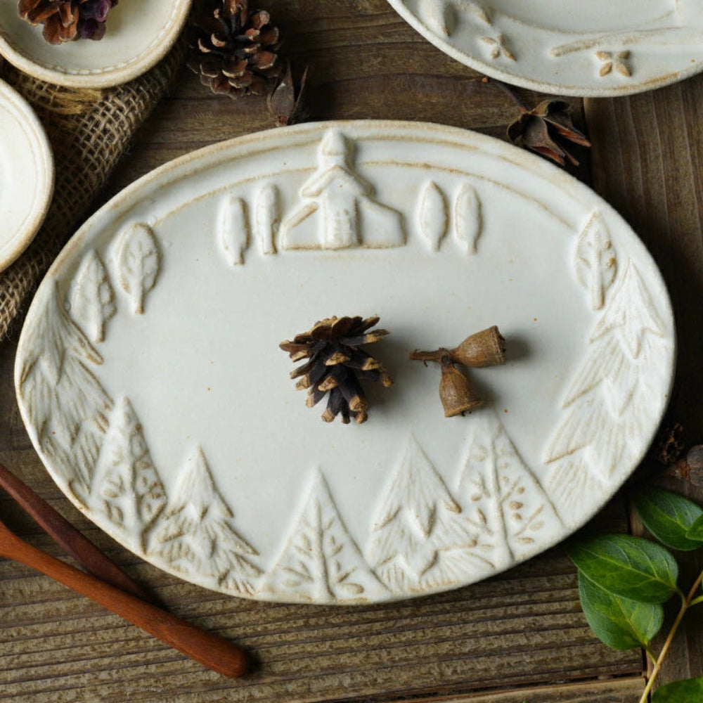 益子燒 童話餐廳浮雕圖案橢圓碟