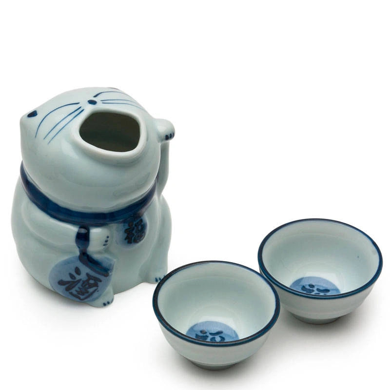 Japanese ceramic lucky cat sake jug and sake cup