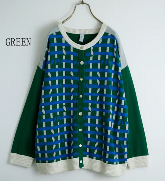 綠色格紋針織開襟毛衣