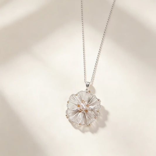 [Flower Shadow Pearl 5mm-Silver 3cm] Embroidered Necklace