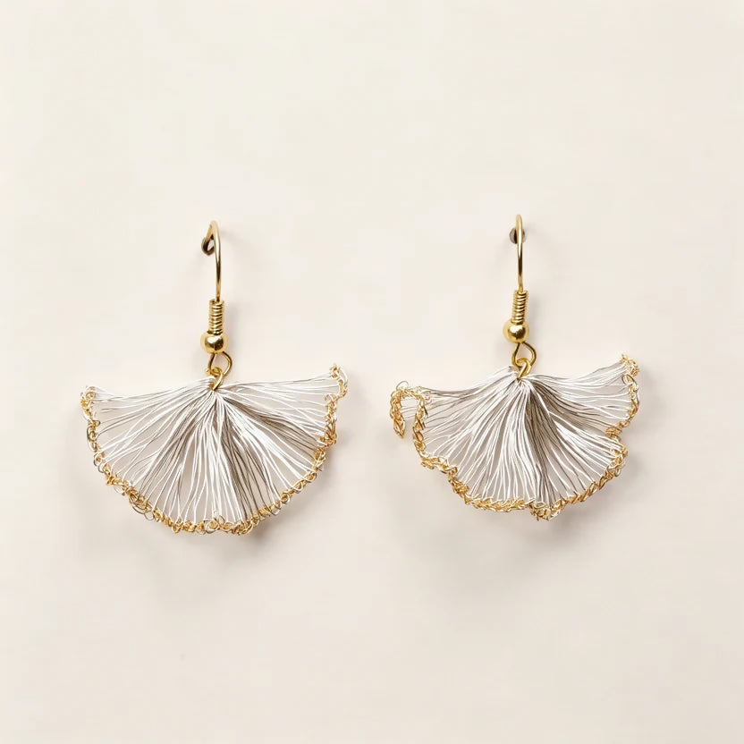 [Ginkgo-Silver and Gold trim 3cm] Embroidered Earrings（dangling style）