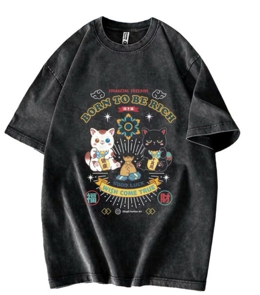 Animeowy Tee - Lucky Black and White Cat (Washed BLACK)