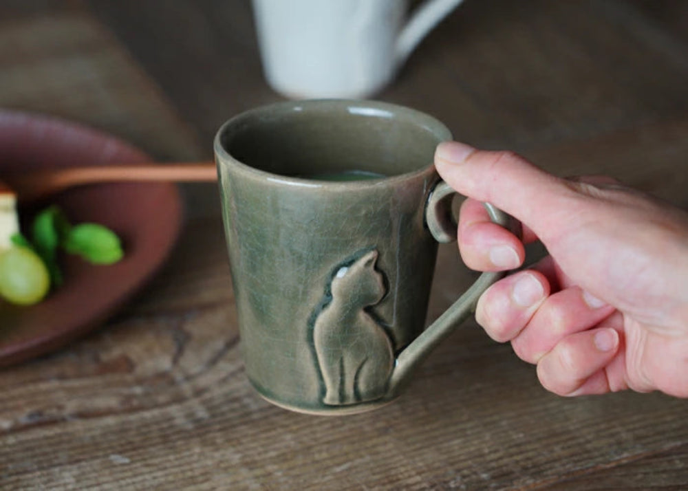 益子燒 貓尾把手杯