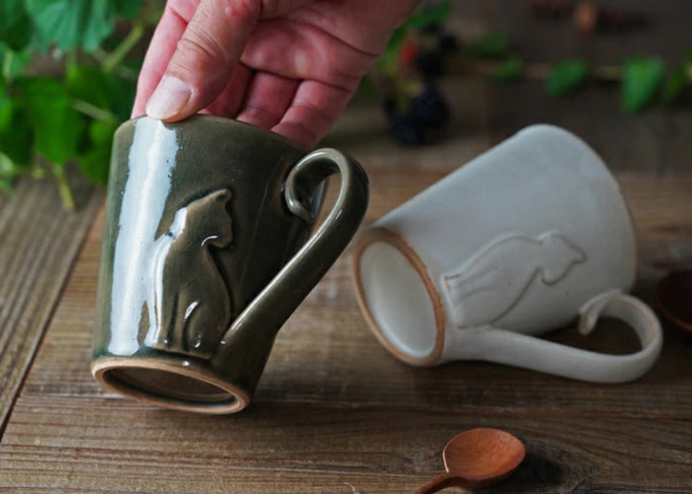 益子燒 貓尾把手杯