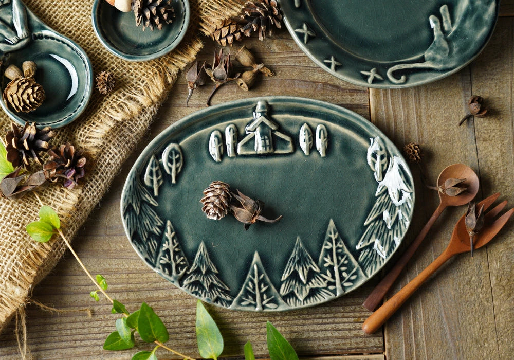 益子燒 童話餐廳浮雕圖案橢圓碟