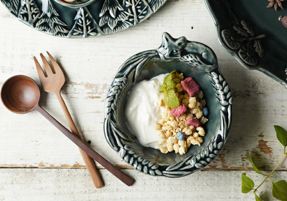 益子燒 狐狸與麥穗浮雕配菜碗