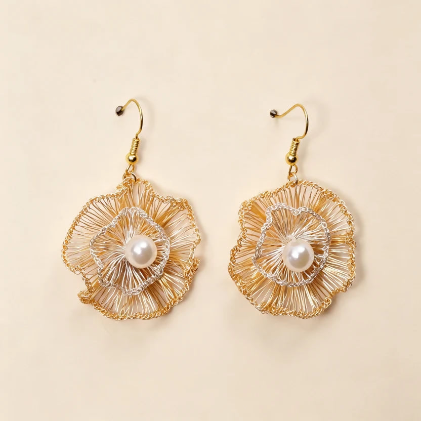 [Flower Shadow Pearl 6mm-Gold 3cm] Embroidered Earrings(dangling style)