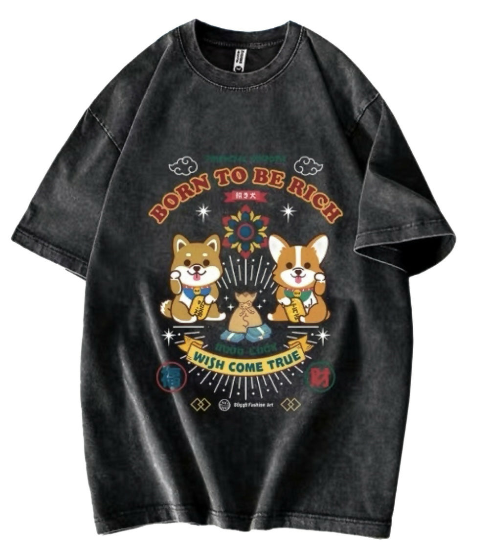 Doggo Tee - Lucky Corgi and Shiba (Washed BLACK)