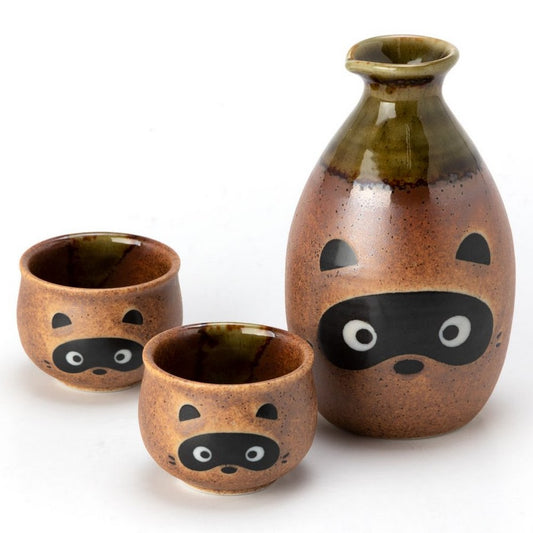Japanese Ceramic Raccoon Sake Jug Set